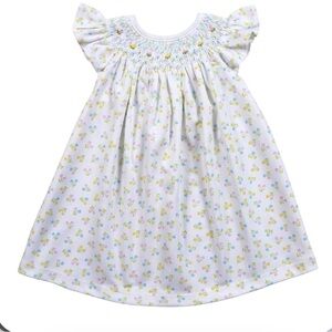 Baby Loren Tulips White Smocked Floral Print Kids Dress Flutter Sleeves 6-9 mo